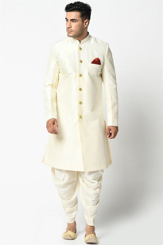 Off White Color Art Silk Fabric Wedding Wear Stylish Readymade Dhoti Style Indo Western For Men