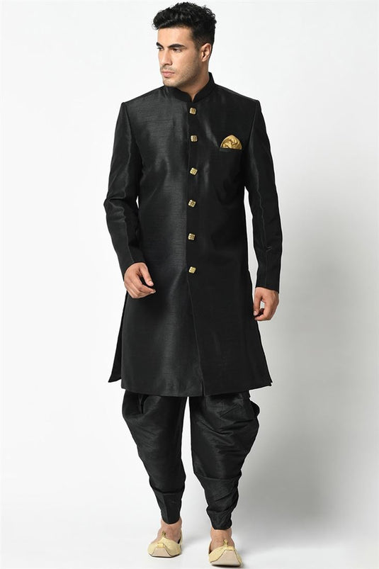 Black Color Art Silk Fabric Reception Wear Trendy Readymade Dhoti Style Indo Western For Men