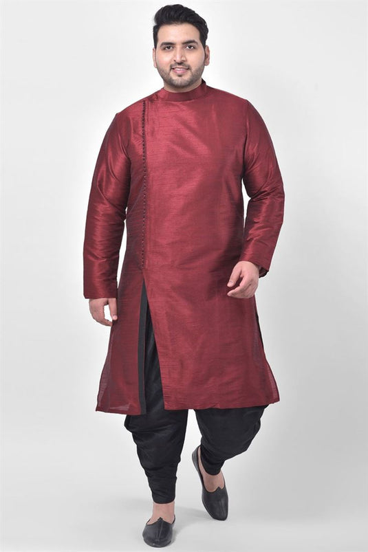 Function Wear Dhupion Silk Fabric Maroon Color Plus Size Kurta With Dhoti Style Pyjama