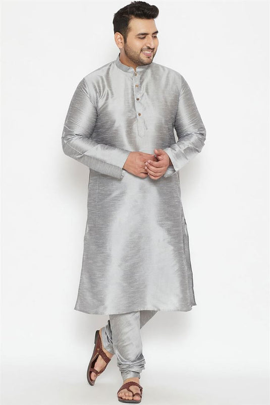 Incredible Dhupion Silk Fabric Grey Color Sangeet Wear Plus Size Kurta Pyjama