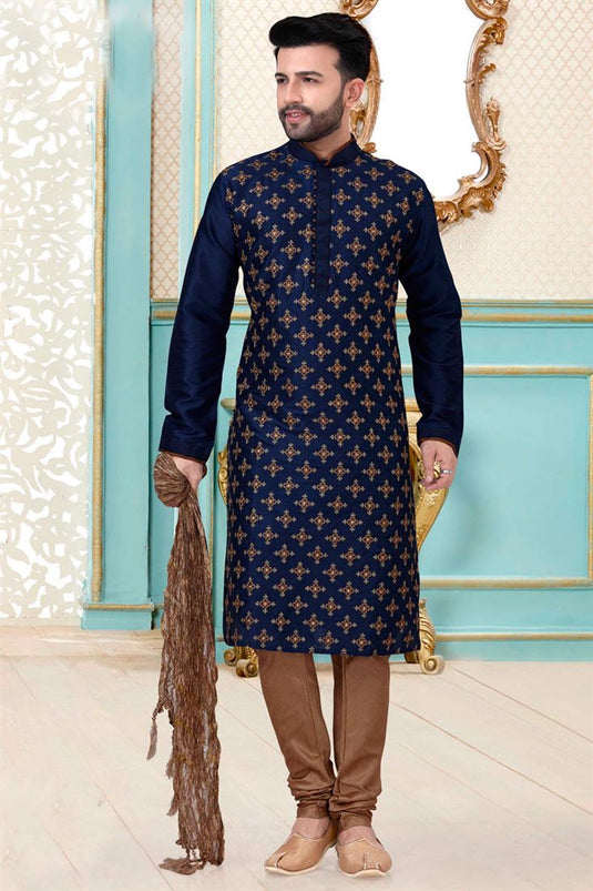 Wedding Wear Navy Blue Color Embroidered Work Kurta Pyjama For Men In Dhupion Silk Fabric