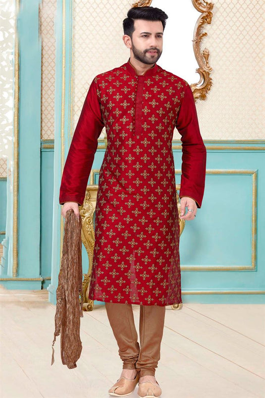 Dhupion Silk Fabric Embroidered Work Kurta Pyjama For Men In Red Color