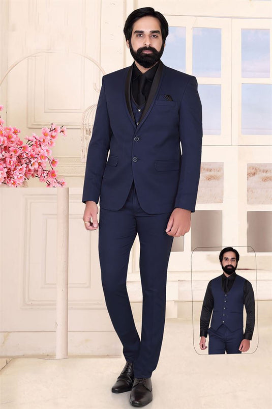 Rayon Fabric Navy Blue Color 3 Piece Suit For Man