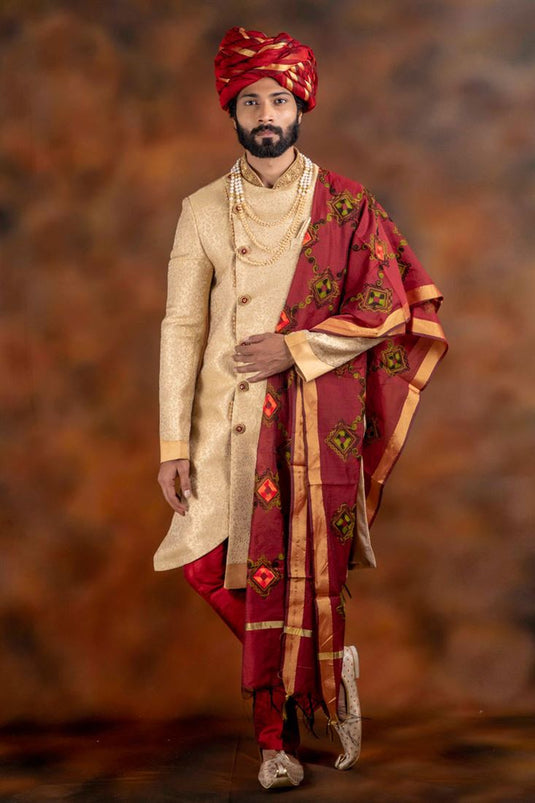 Brilliant Art Silk Fabric Cream Color Wedding Wear Indo Western For Man