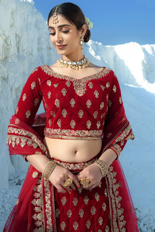 Wedding Wear Embroidered Maroon Color Exquisite Lehenga In Velvet Fabric