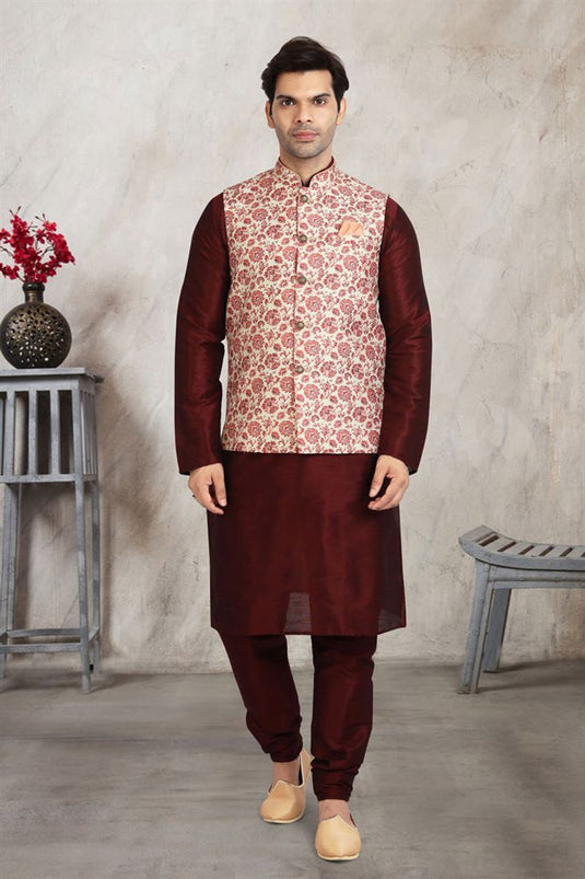 Art Silk Fabric Wedding Wear Banarasi Style Kurta Pyjama In Maroon Color