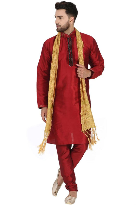 Maroon Color Function Wear Kurta Pyjama With Stole In Dhupion Silk Fabric