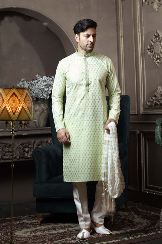 Sea Green Color Cotton Fabric Reception Wear Stylish Readymade Kurta Pyjama For Men