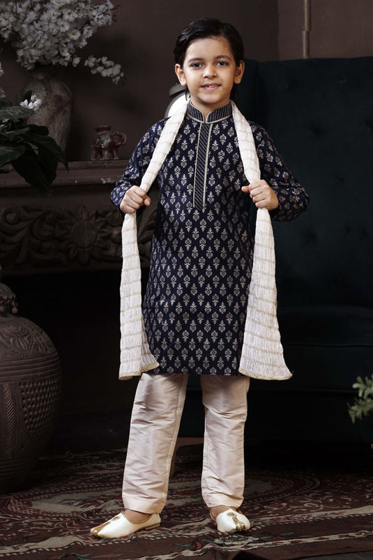 Lovely Navy Blue Color Cotton Fabric Printed Sangeet Wear Readymade Boys Kurta Pyjama