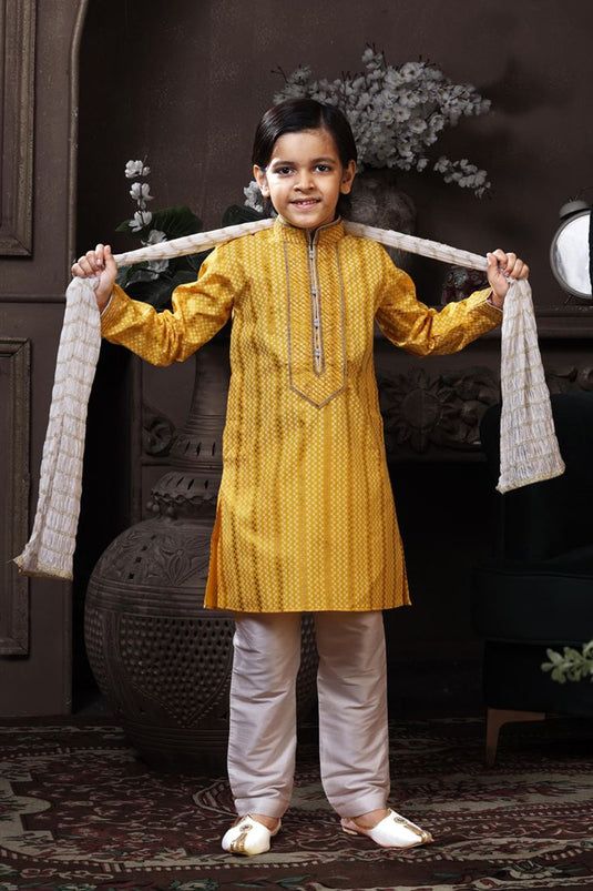 Yellow Color Cotton Fabric Printed Sangeet Wear Readymade Boys Kurta Pyjama