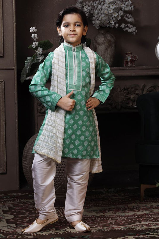 Sea Green Cotton Reception Wear Readymade Boys Kurta Pyjama