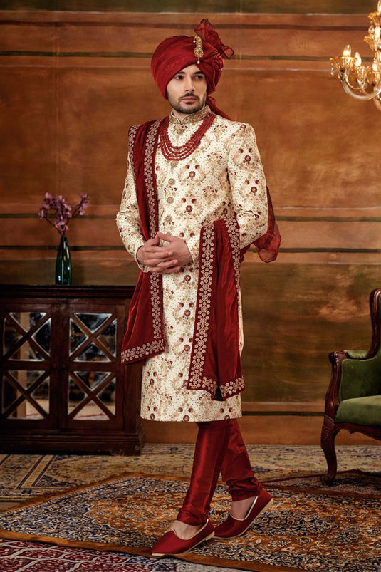 Cream Color Silk Fabric Wedding Wear Designer Readymade Heavy Embroidered Groom Sherwani For Men With Stole