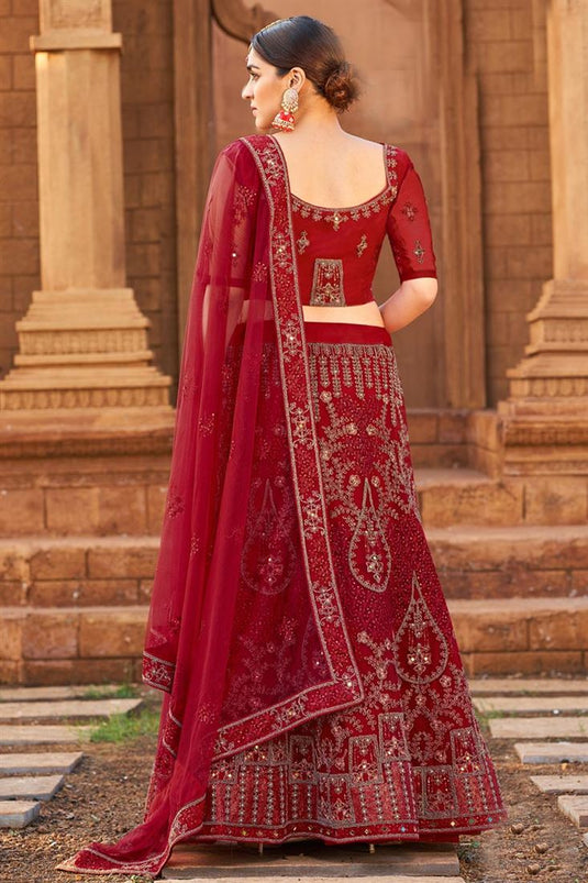 Maroon Color Net Fabric Awesome Function Wear Lehenga