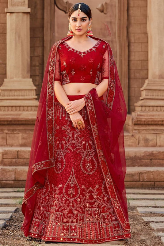 Maroon Color Net Fabric Awesome Function Wear Lehenga