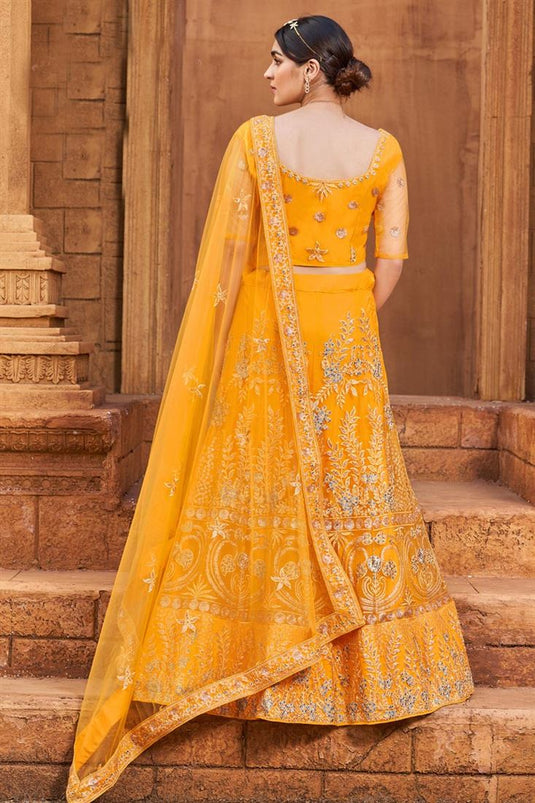 Stunning Net Fabric Yellow Color Function Wear Lehenga