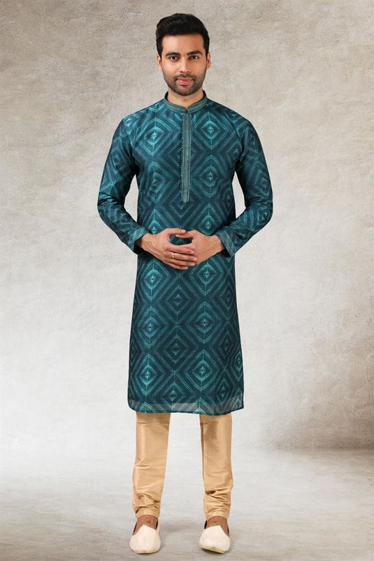 Teal Color Ethnic Look Designer Art Silk Kurta Pyjama