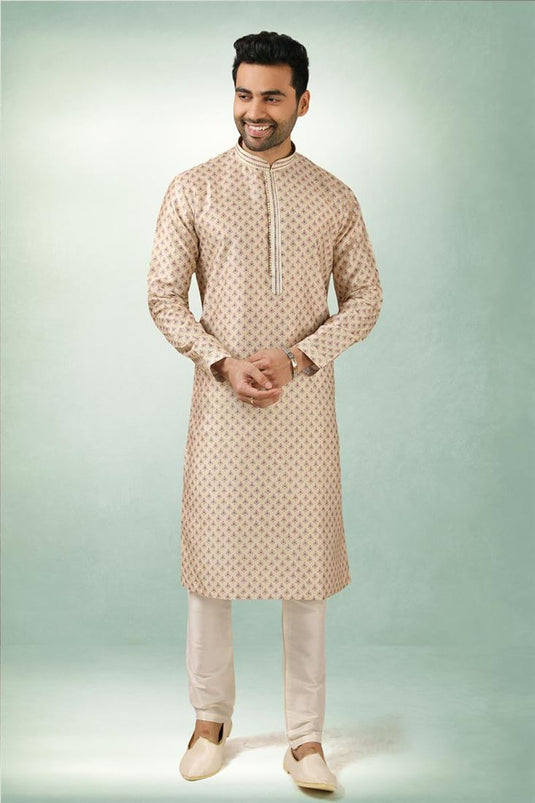 Elegant Cream Color Ethnic Wear Art Silk Kurta Pyjama