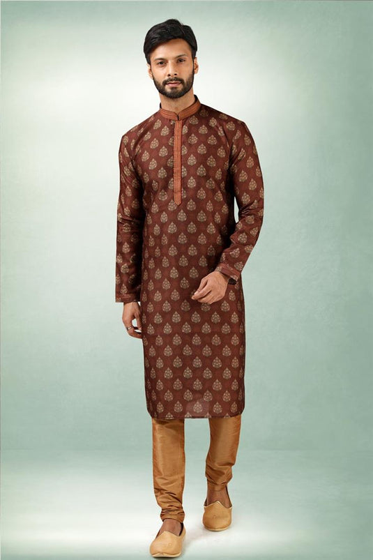 Aristocratic Ethnic Look Brown Color Art Silk Kurta Pyjama