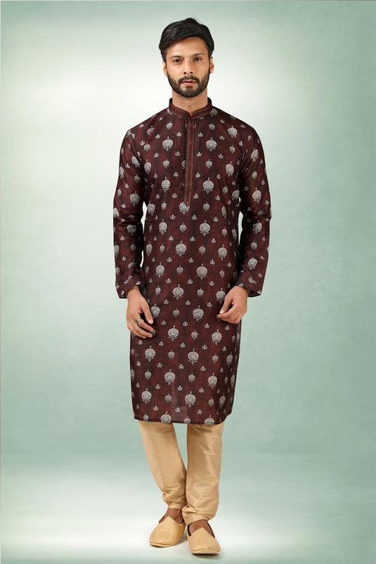 Magnificent Ethnic Wear Brown Color Art Silk Kurta Pyjama