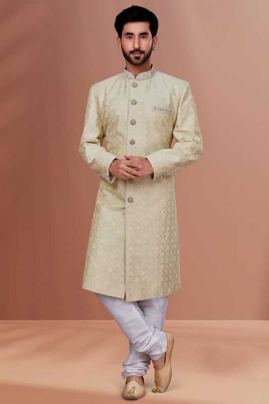 Beige Wedding Wear Readymade Glamorous Indo Western For Men In Silk Fabric