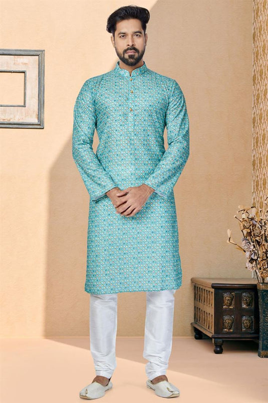 Cyan Fancy Fabric Sangeet Wear Trendy Readymade Printed Kurta Pyjama For Men