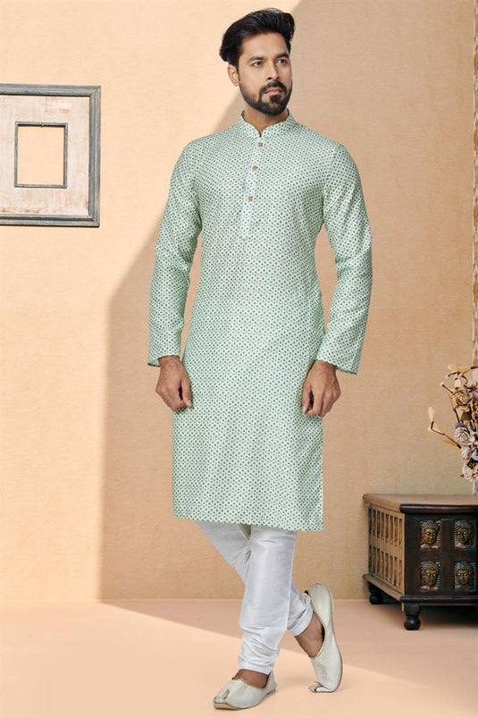 Stunning Sea Green Color Function Wear Readymade Men Printed Kurta Pyjama