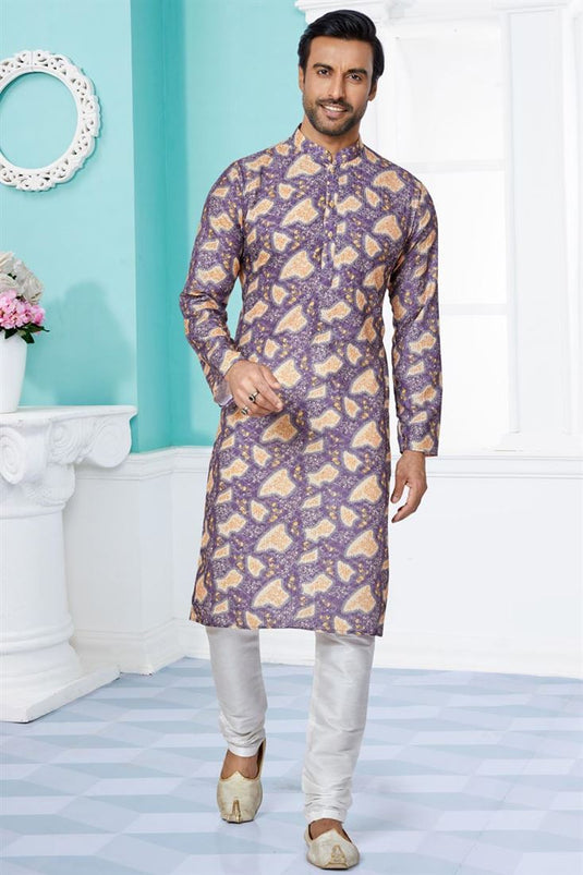 Pretty Fancy Fabric Sangeet Wear Readymade Men Printed Kurta Pyjama In Purple Color