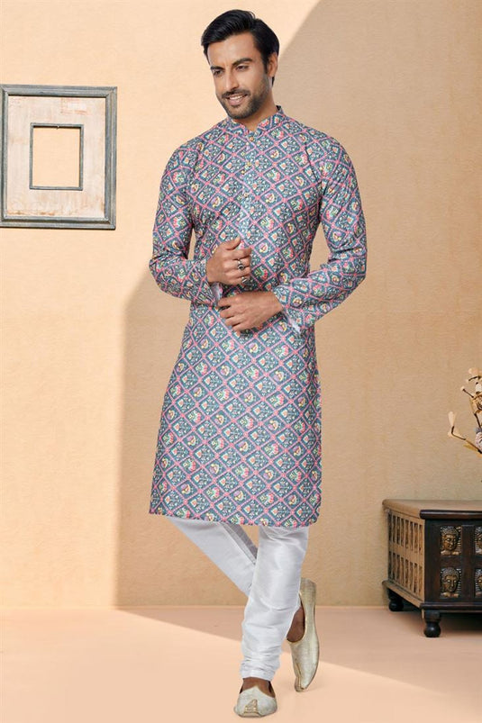 Beautiful Grey Color Wedding Wear Readymade Printed Kurta Pyjama For Men In Fancy Fabric