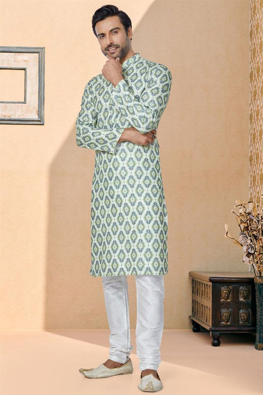 Sea Green Color Reception Wear Readymade Fancy Fabric Printed Kurta Pyjama For Men