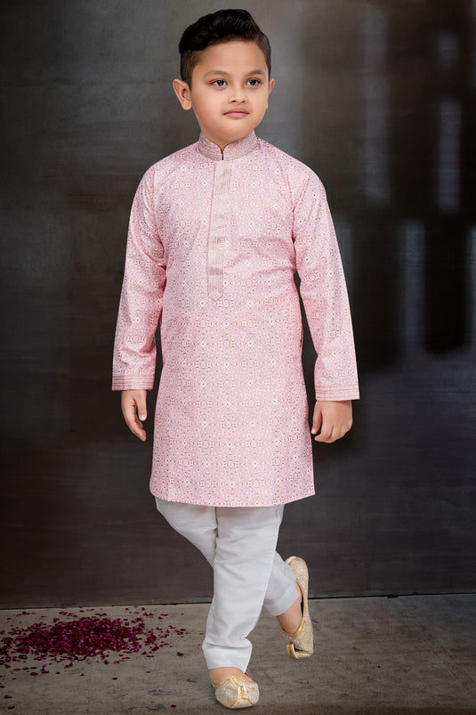 Pink Color Traditional Wear Cotton Fabric Fancy Readymade Kurta Pyjama For Boys