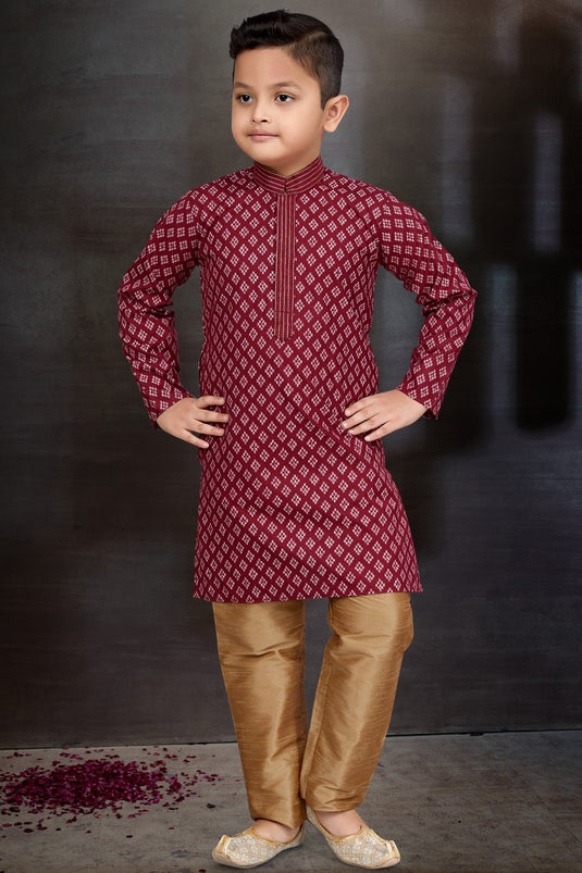 Maroon Color Occasion Wear Cotton Fabric Designer Readymade Kurta Pyjama For Boys