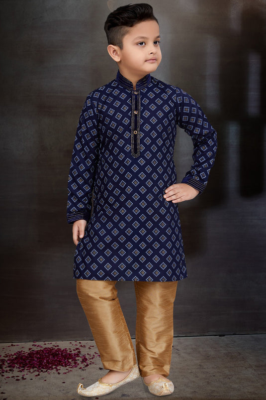 Occasion Wear Cotton Fabric Designer Readymade Kurta Pyjama For Boys In Navy Blue Color