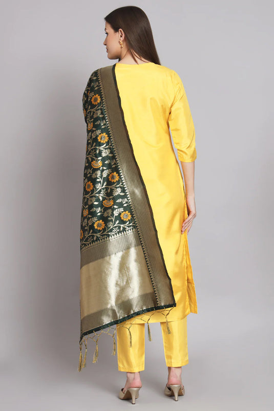 Embroidered Yellow Color Art Silk Fabric Readymade Designer Suit With Banarasi Silk Dupatta