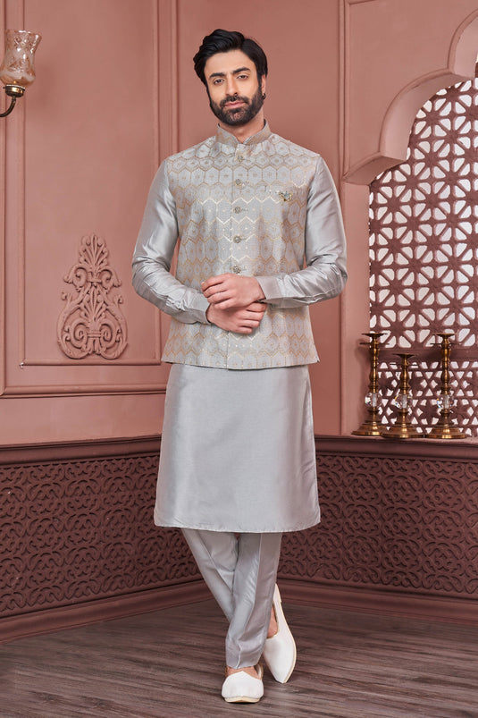 Grey Color Embroidery Work Engaging Banarasi Silk Fabric Festive Wear Readymade Kurta Pyjama For Men With Jacket