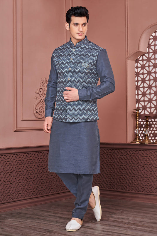 Grey Color Beautiful Embroidery Work Banarasi Silk Fabric Wedding Wear Readymade Kurta Pyjama For Men With Jacket