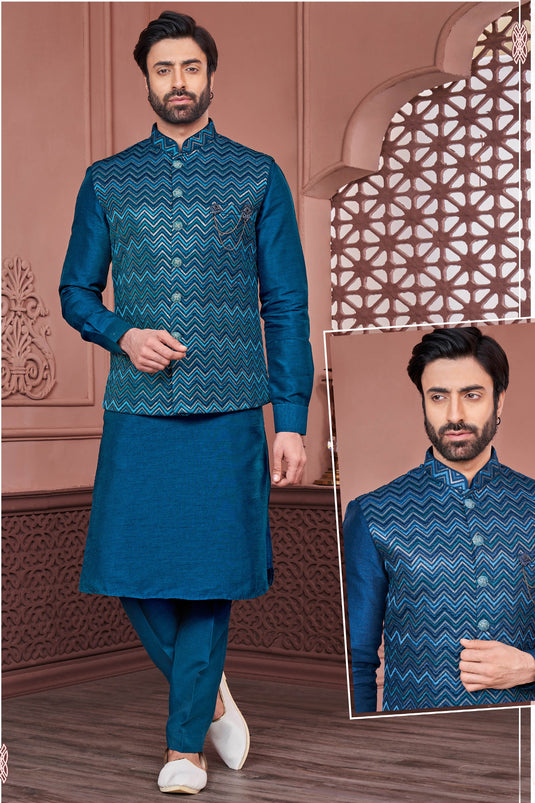 Reception Wear Blue Color Banarasi Silk Fabric Attractive Embroidery Work Readymade Kurta Pyjama For Men With Jacket