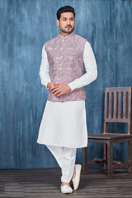 White Banarasi Silk Fabric Sangeet Wear Trendy Readymade Kurta Pyjama For Men With Jacket Set