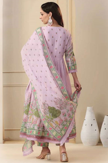 Fancy Fabric Printed Readymade Long Anarkali Salwar Kameez In Lavender Color