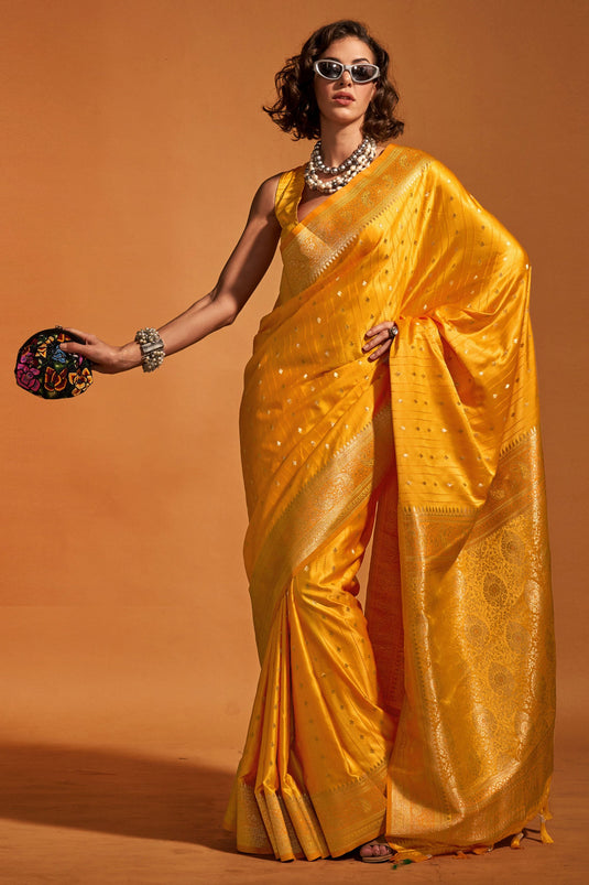 Mustard Satin Silk Party Wear Handloom Weaving Saree