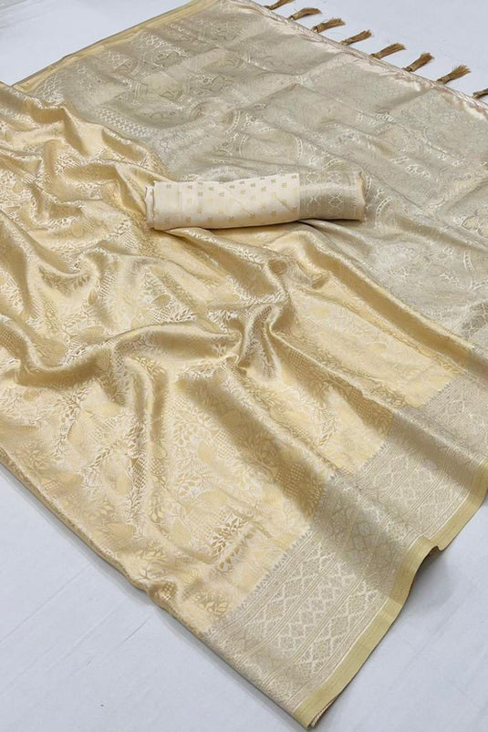 Cream Satin Silk Handloom Weaving Saree