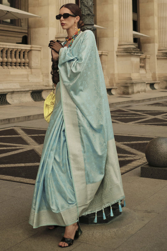 Handloom Weaving Satin Silk Function Wear Saree In Light Cyan Color