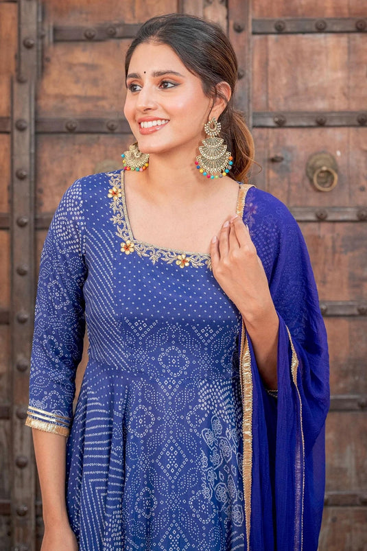 Navy Blue Color Admirable Fancy Work On Readymade Anarkali Suit In Muslin Fabric