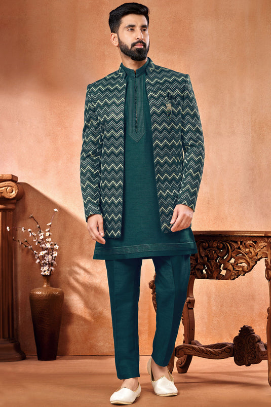 Teal Embroidery Work Pretty Banarasi Silk Fabric Wedding Wear Readymade Men Indo Western Jodhpuri Suit