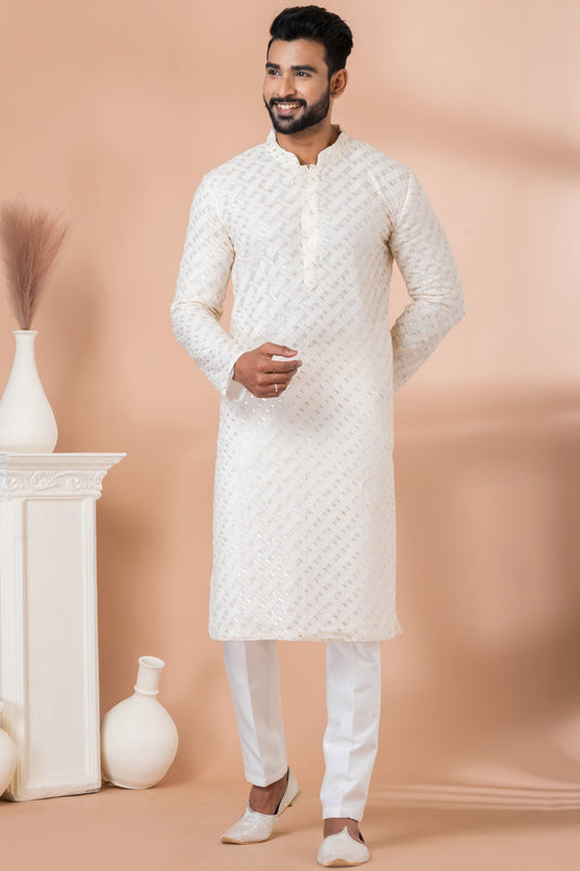 Beautiful Sequins Embroidery White Color Wedding Wear Readymade Kurta Pyjama For Men In Georgette Fabric