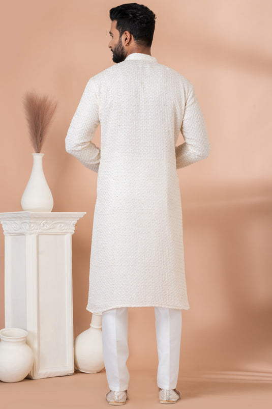 Reception Wear Attractive Sequins Embroidery Readymade Men Kurta Pyjama In White Color