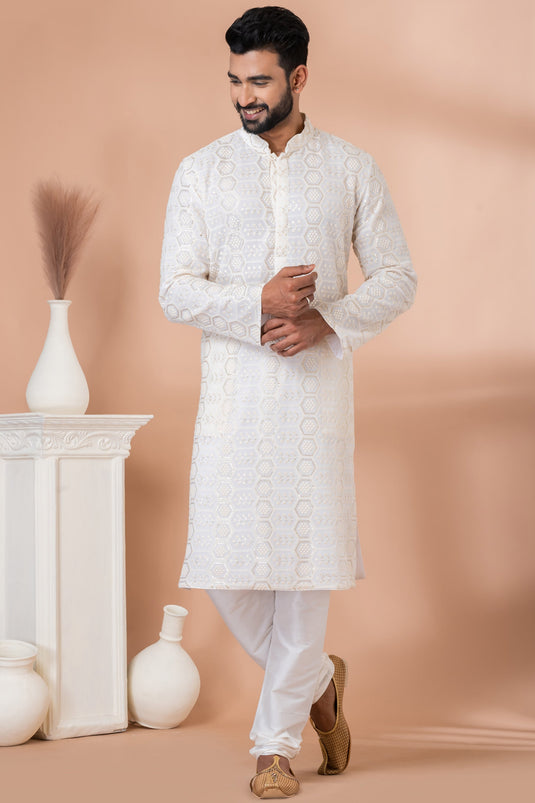 Sequins Embroidery White Georgette Graceful Readymade Men Kurta Pyjama For Festive Wear