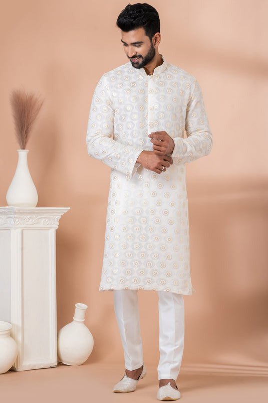 Sequins Embroidery White Color Reception Wear Readymade Georgette Fabric Kurta Pyjama For Men