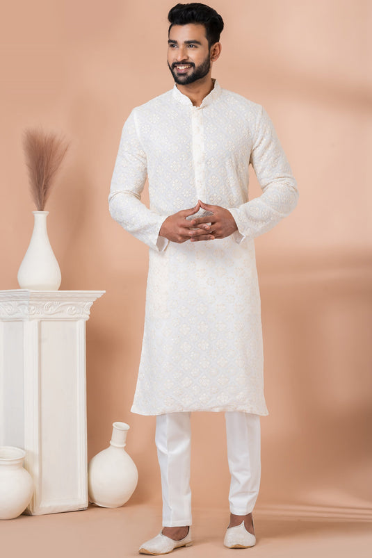 Georgette Fabric Sequins Embroidery Function Wear Readymade White Color Kurta Pyjama For Men