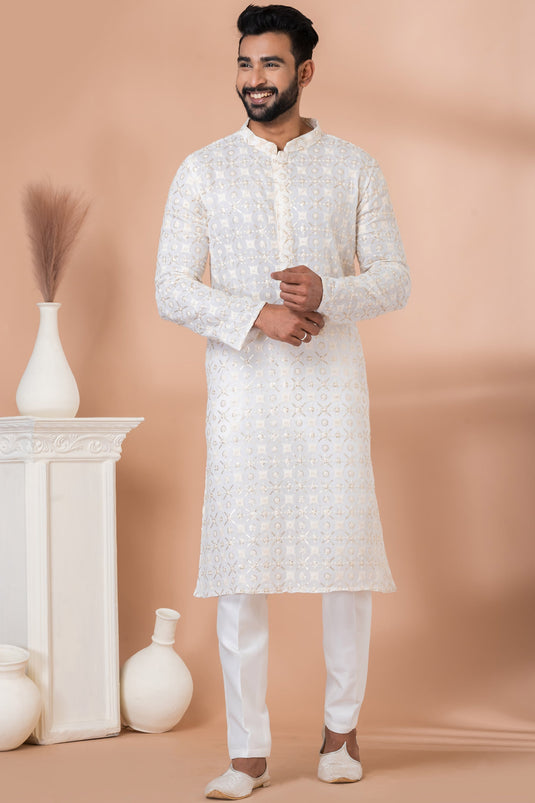 Festive Wear Sequins Embroidery Readymade Kurta Pyjama For Men In White Georgette Fabric