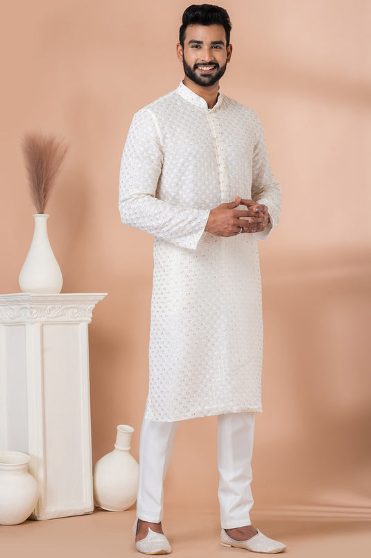 Sequins Embroidery Sangeet Wear Readymade Kurta Pyjama For Men In Georgette White Color